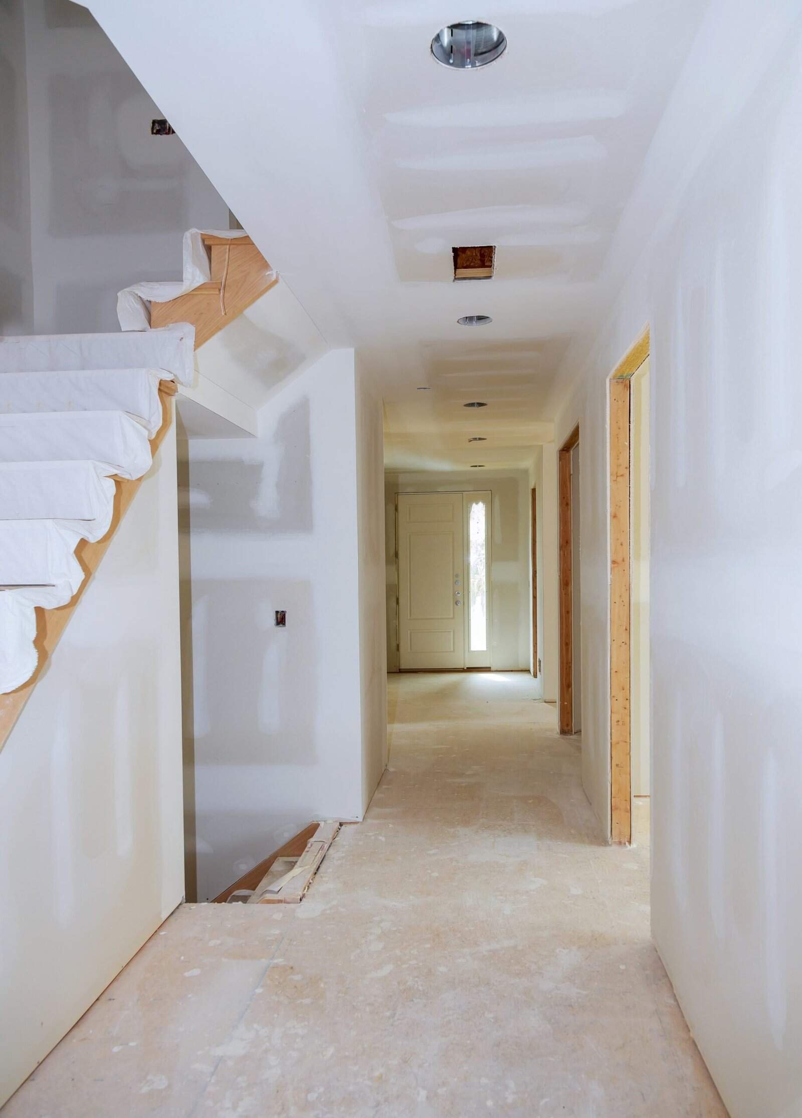 Bright hallway of a house under construction in Merced, California.